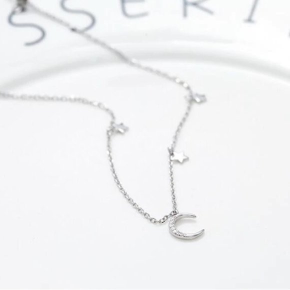 *925 Sterling Silver Diamond Moon Star Necklace E1 - Picture 13 of 14